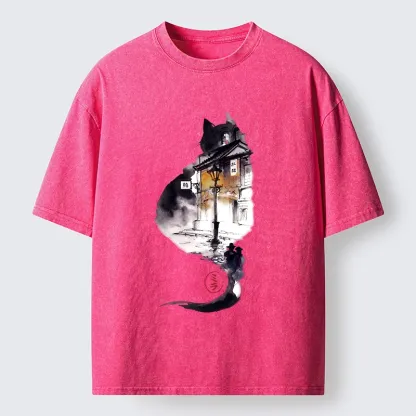 Tokyo-Lion Black Cat Night Street Silhouette Washed T-Shirt