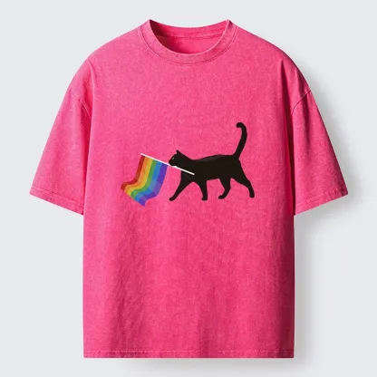 Tokyo-Lion Black Cat With Pride Flag Washed T-Shirt