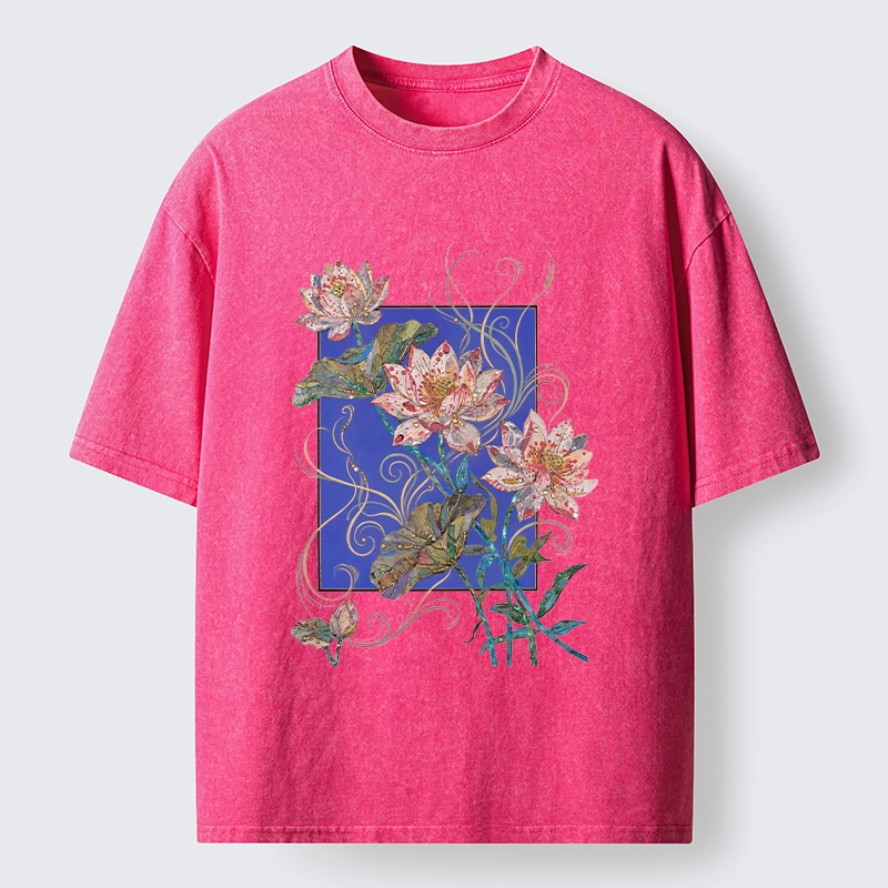Tokyo-Lion Lotus Art Floral Vibe Washed T-Shirt