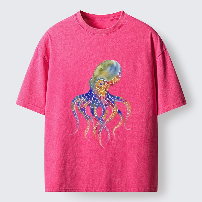 Tokyo-Lion Watercolor Octopus Art Washed T-Shirt