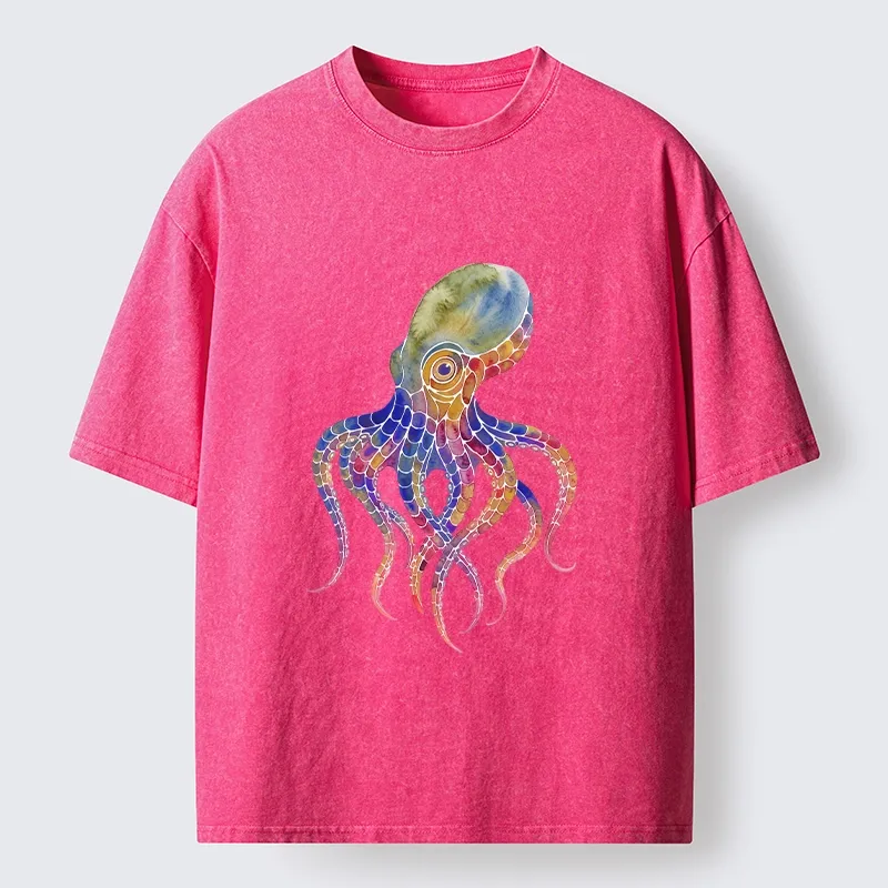 Tokyo-Lion Watercolor Octopus Art Washed T-Shirt