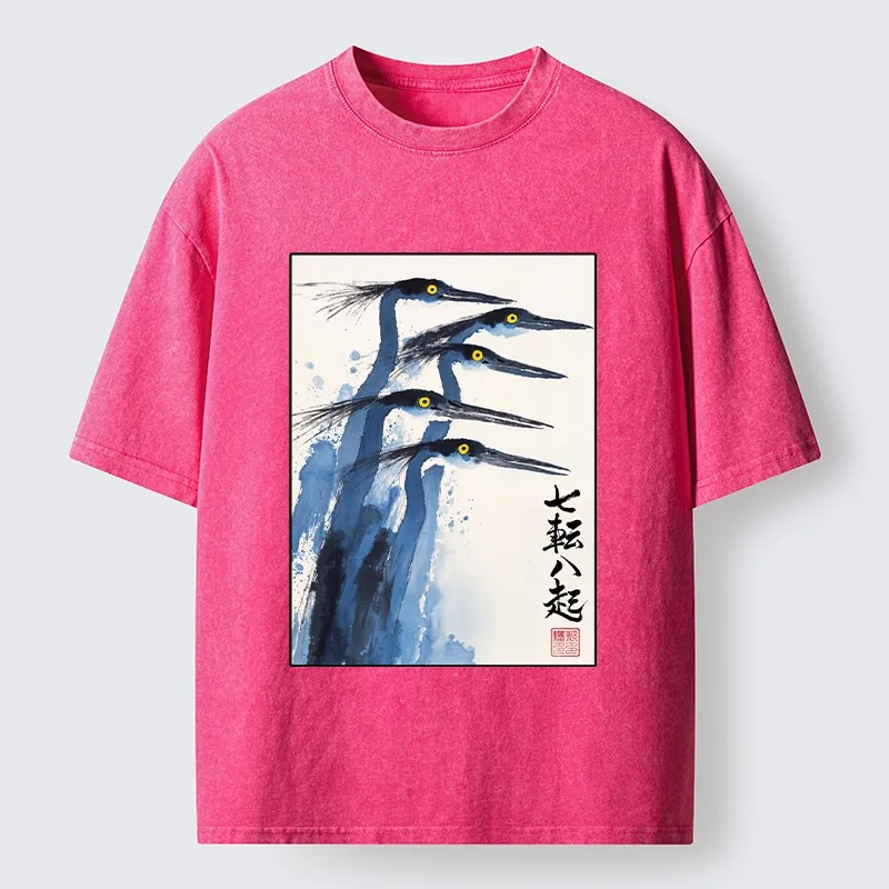 Tokyo-Lion Blue Herons Japanese Ink Art Washed T-Shirt
