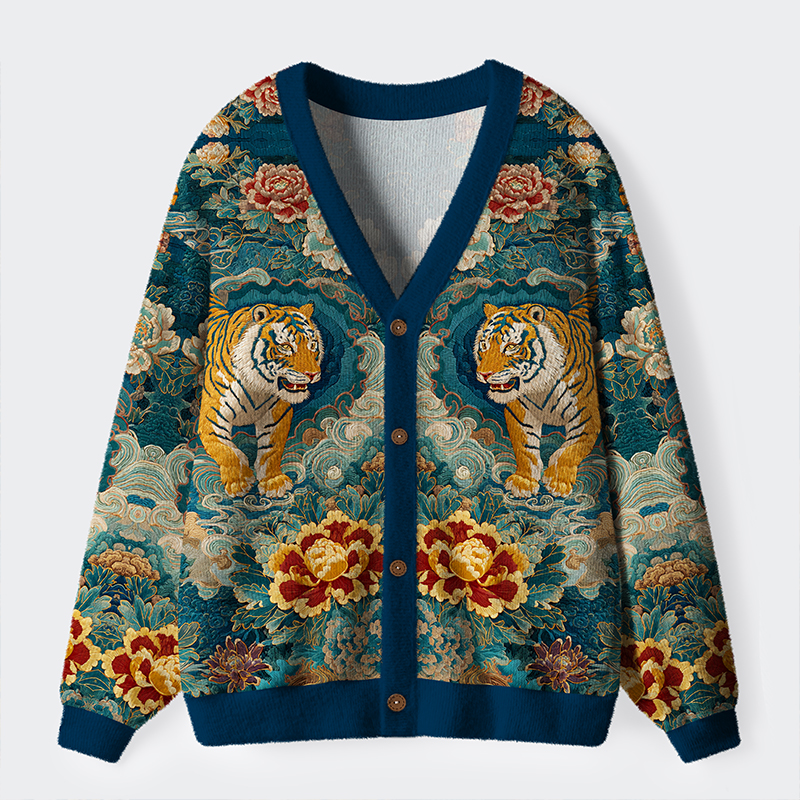 Tokyo-Lion Imperial Tiger Tapestry Ugly Cardigan Sweater