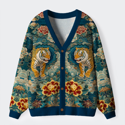 Tokyo-Lion Imperial Tiger Tapestry Ugly Cardigan Sweater