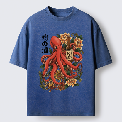 Tokyo-Lion Octopus with Sake Bottle Washed T-Shirt
