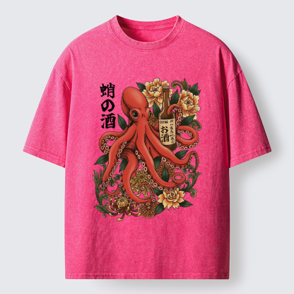 Tokyo-Lion Octopus with Sake Bottle Washed T-Shirt