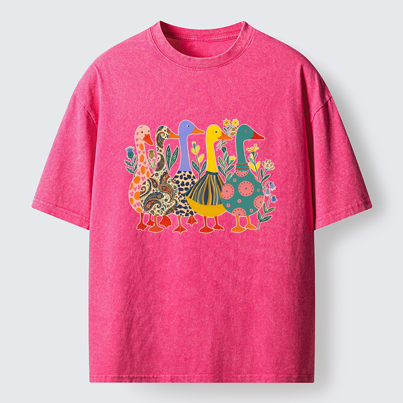 Tokyo-Lion Whimsical Folk-Art Goose Quintet Washed T-Shirt