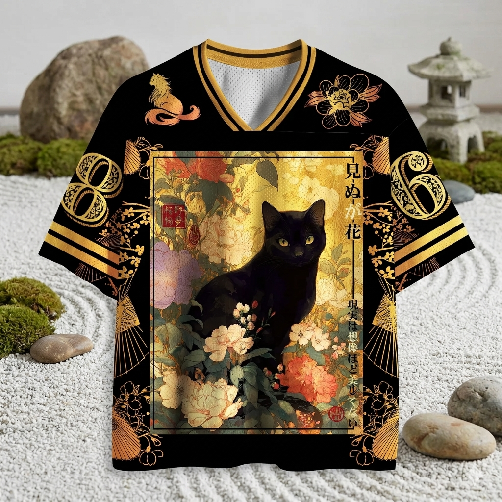 Tokyo-Lion Black Cat&Peony Mesh Jersey