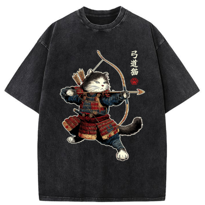 Tokyo-Lion Kyudo Samurai Cat Washed T-Shirt