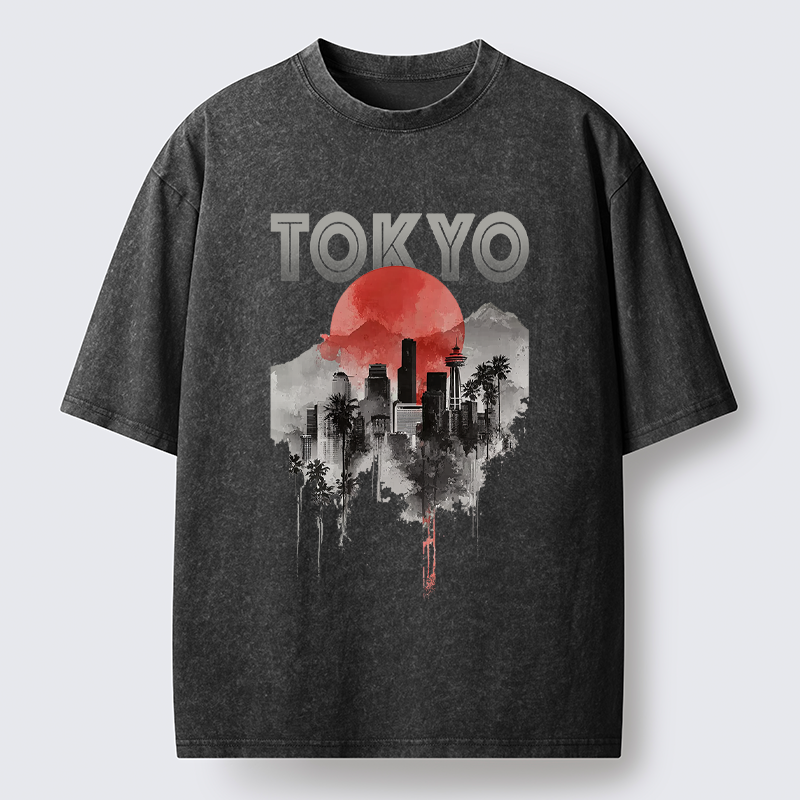 Tokyo-Lion Sunset in Tokyo Washed T-Shirt