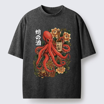 Tokyo-Lion Octopus with Sake Bottle Washed T-Shirt