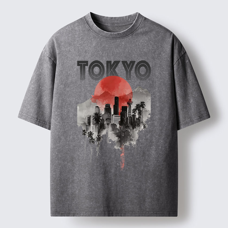 Tokyo-Lion Sunset in Tokyo Washed T-Shirt