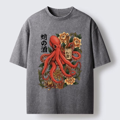 Tokyo-Lion Octopus with Sake Bottle Washed T-Shirt