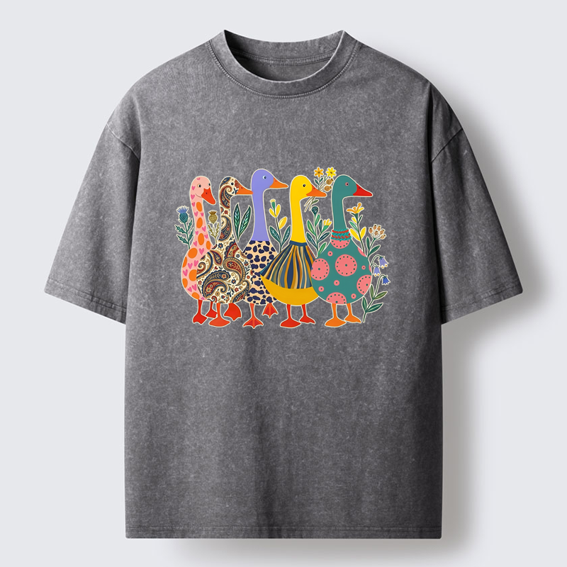 Tokyo-Lion Whimsical Folk-Art Goose Quintet Washed T-Shirt