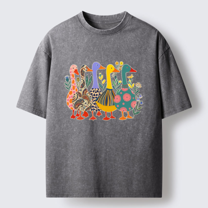 Tokyo-Lion Whimsical Folk-Art Goose Quintet Washed T-Shirt