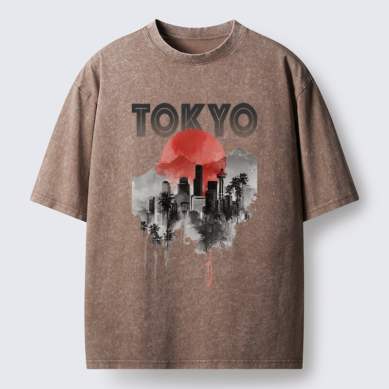 Tokyo-Lion Sunset in Tokyo Washed T-Shirt