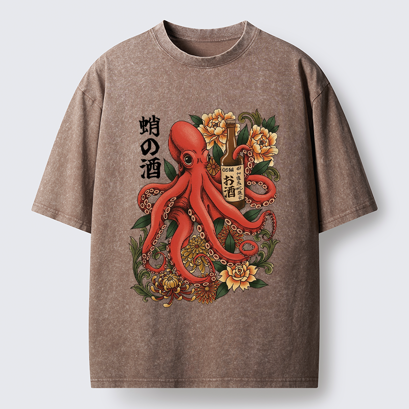 Tokyo-Lion Octopus with Sake Bottle Washed T-Shirt