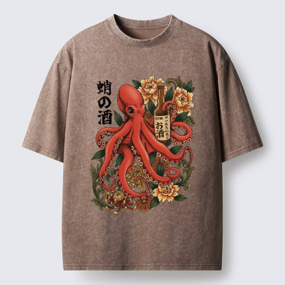 Tokyo-Lion Octopus with Sake Bottle Washed T-Shirt