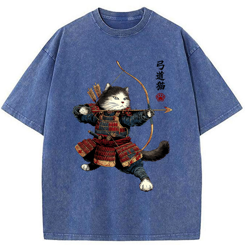 Tokyo-Lion Kyudo Samurai Cat Washed T-Shirt