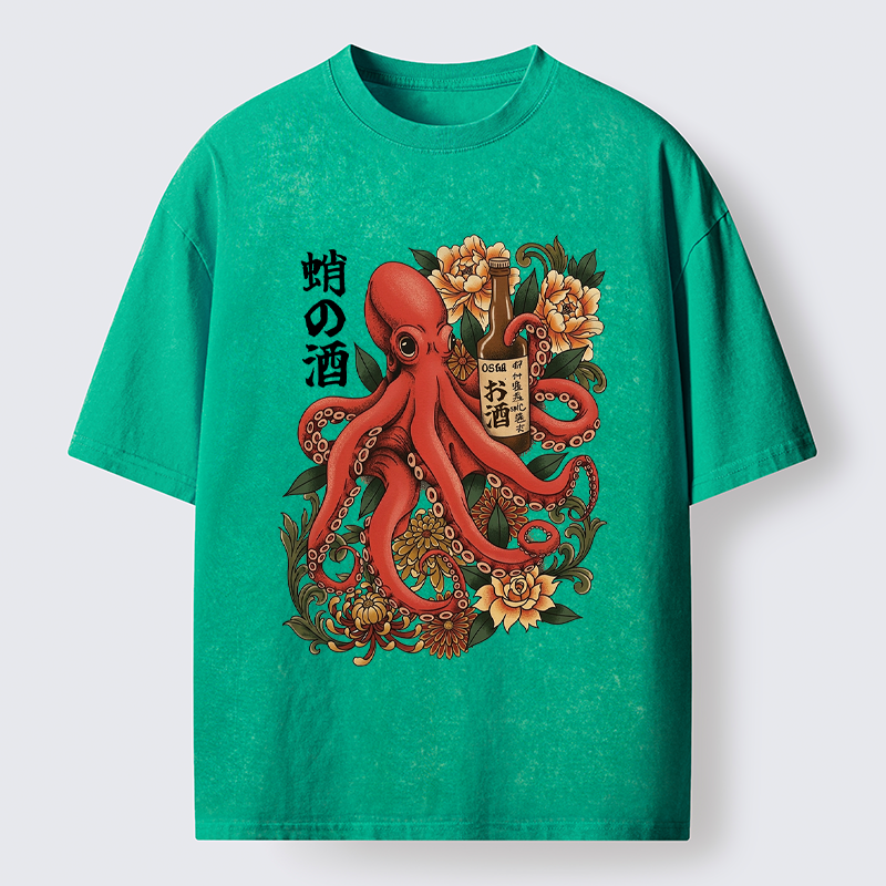 Tokyo-Lion Octopus with Sake Bottle Washed T-Shirt