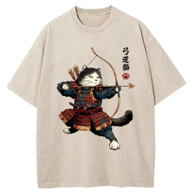 Tokyo-Lion Kyudo Samurai Cat Washed T-Shirt