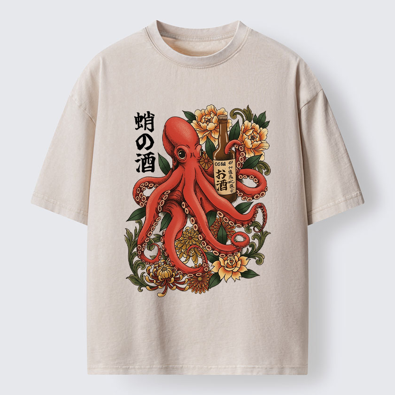 Tokyo-Lion Octopus with Sake Bottle Washed T-Shirt