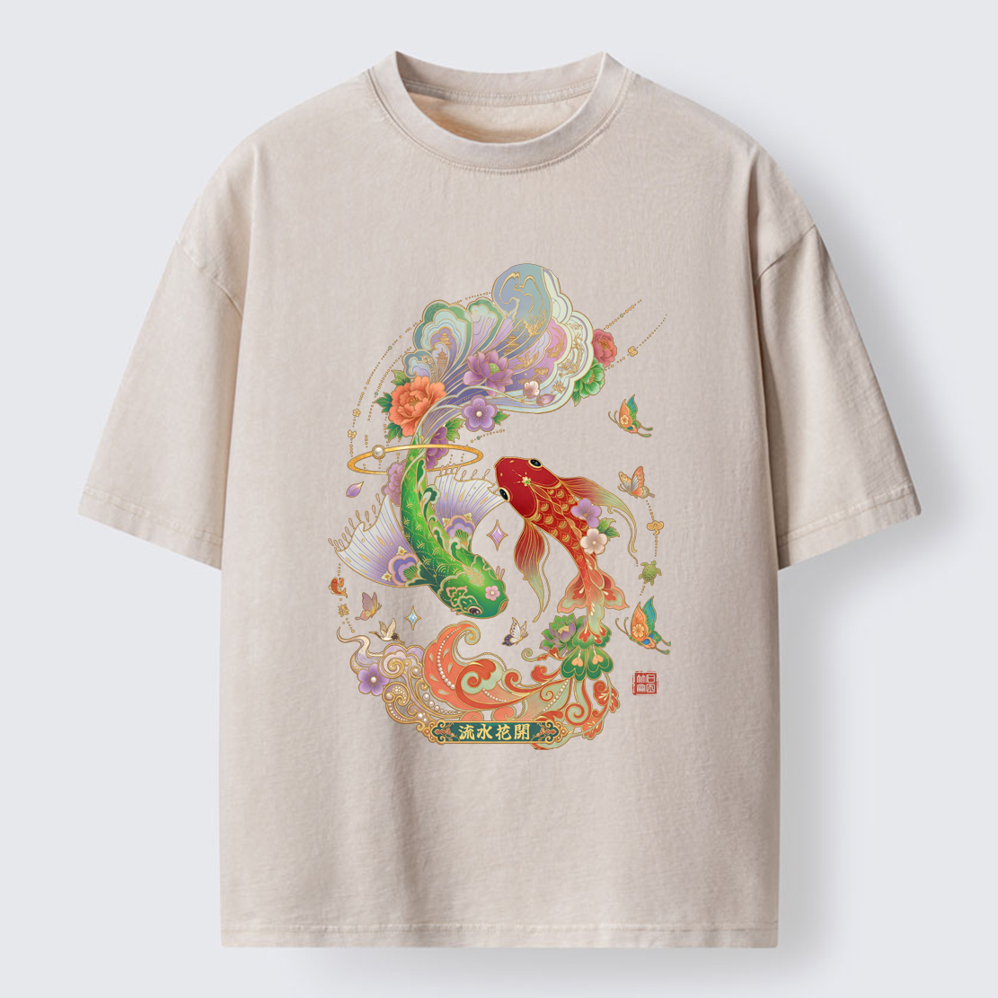 Tokyo-Lion Fortune Flows With Koi Washed T-Shirt