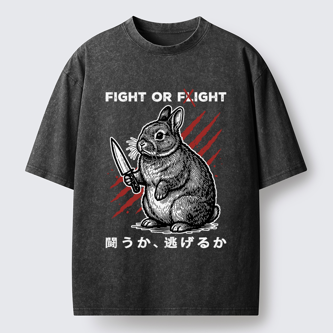 Tokyo-Lion Funny Rabbit：Fight Or Flight Washed T-Shirt
