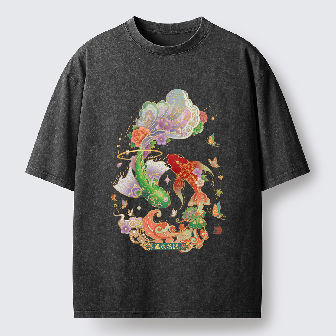 Tokyo-Lion Fortune Flows With Koi Washed T-Shirt