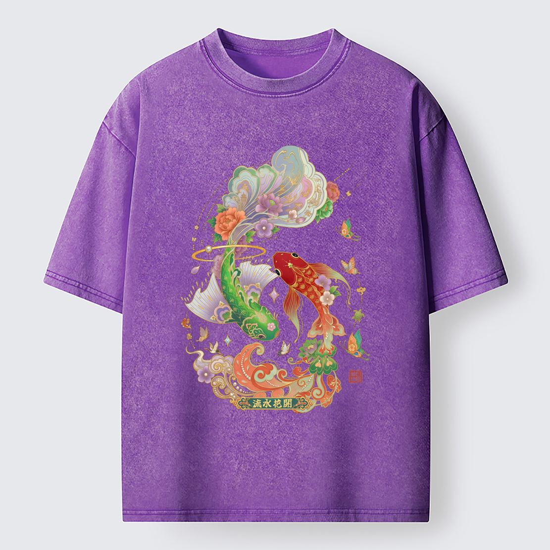Tokyo-Lion Fortune Flows With Koi Washed T-Shirt