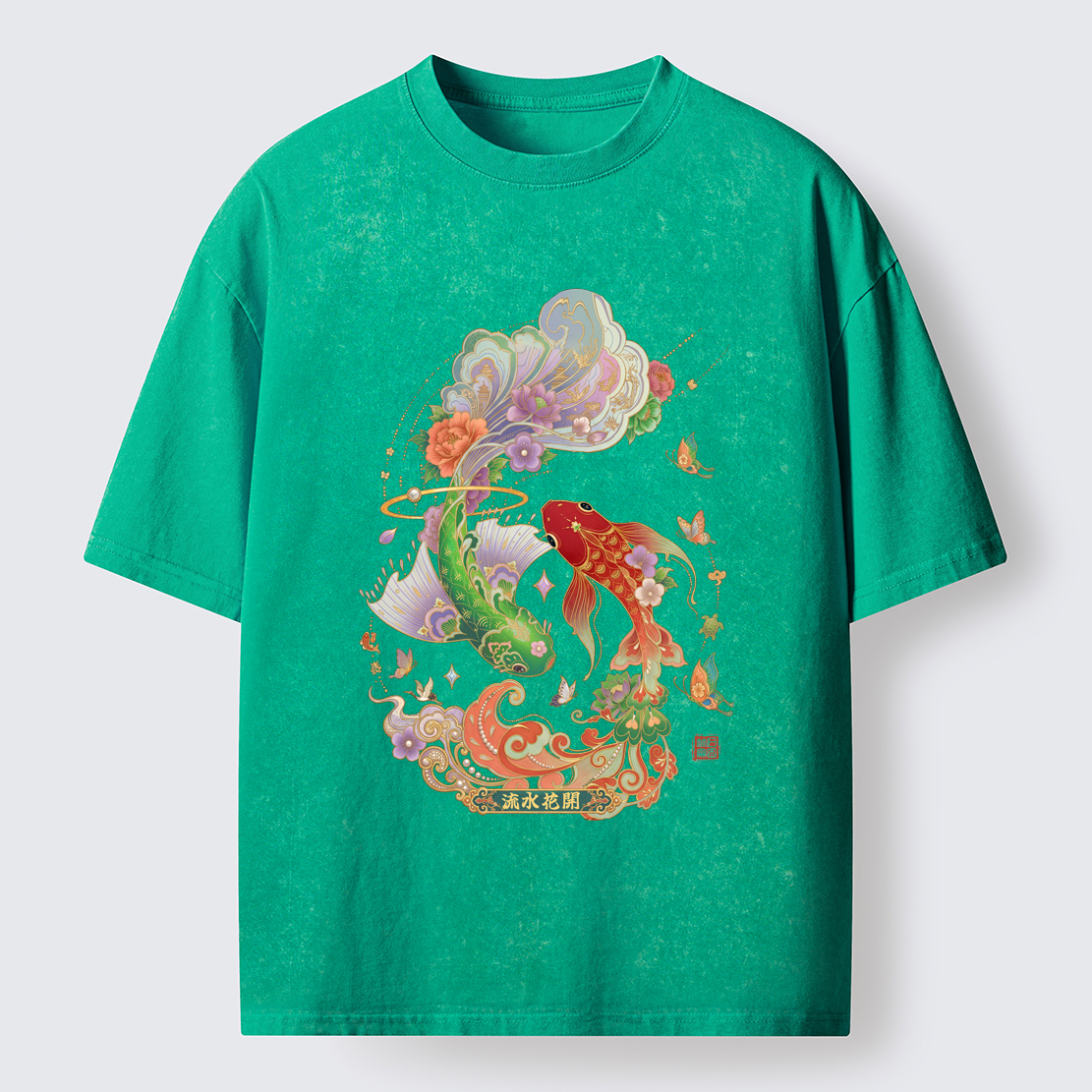 Tokyo-Lion Fortune Flows With Koi Washed T-Shirt