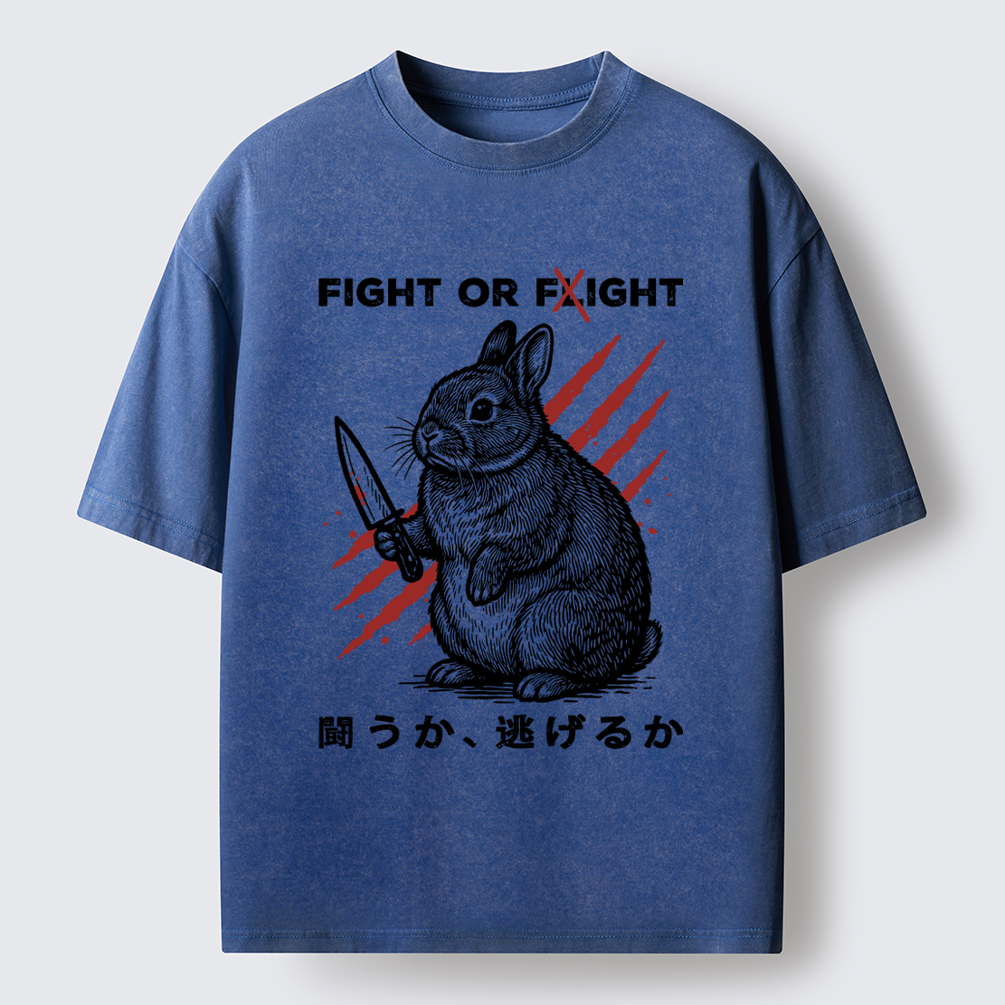 Tokyo-Lion Funny Rabbit：Fight Or Flight Washed T-Shirt