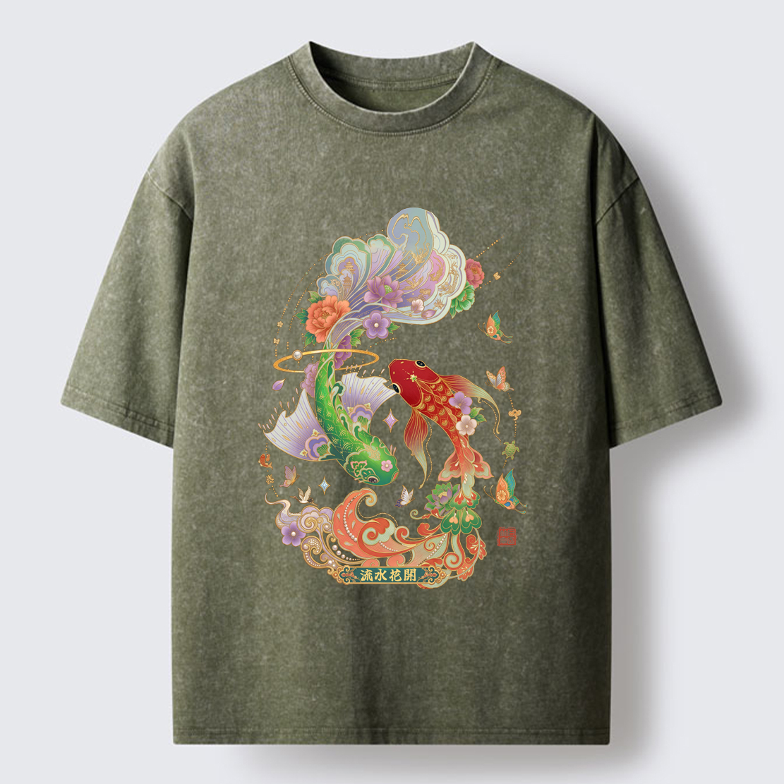 Tokyo-Lion Fortune Flows With Koi Washed T-Shirt