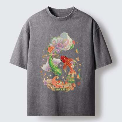 Tokyo-Lion Fortune Flows With Koi Washed T-Shirt