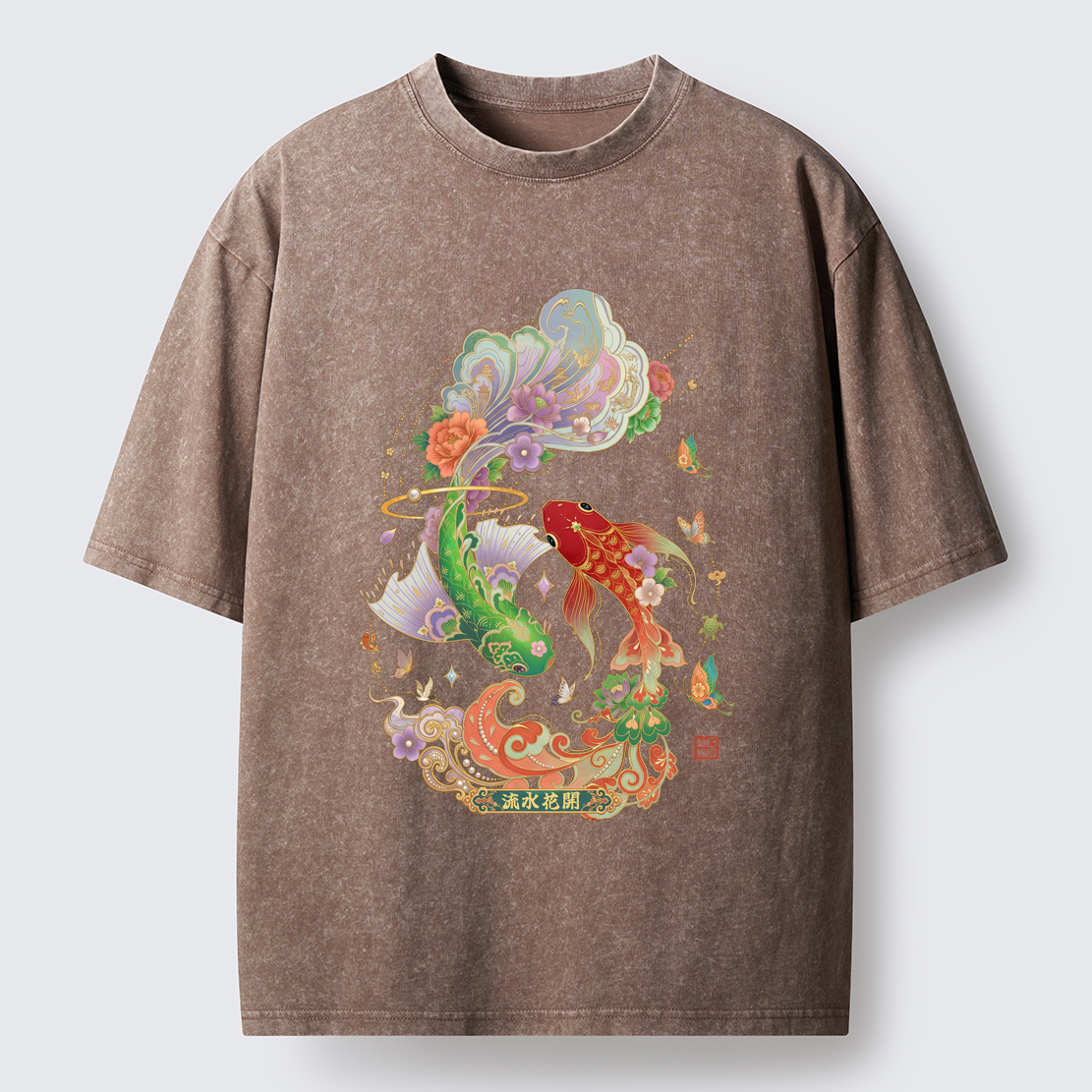 Tokyo-Lion Fortune Flows With Koi Washed T-Shirt