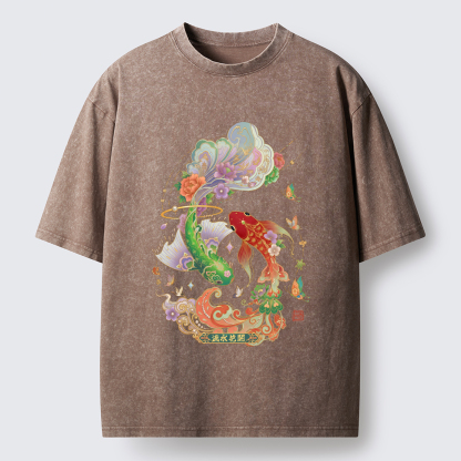 Tokyo-Lion Fortune Flows With Koi Washed T-Shirt