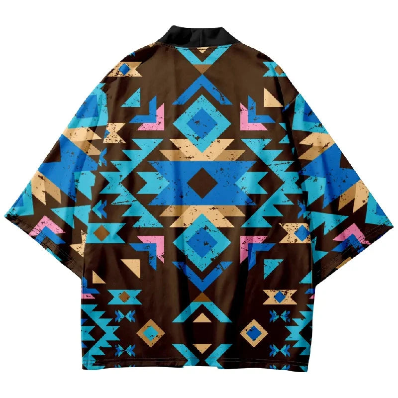 Tokyo-Lion Blue Black Diamond Grid Japanese Kimono Cardigan