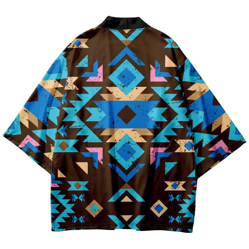 Tokyo-Lion Blue Black Diamond Grid Japanese Kimono Cardigan