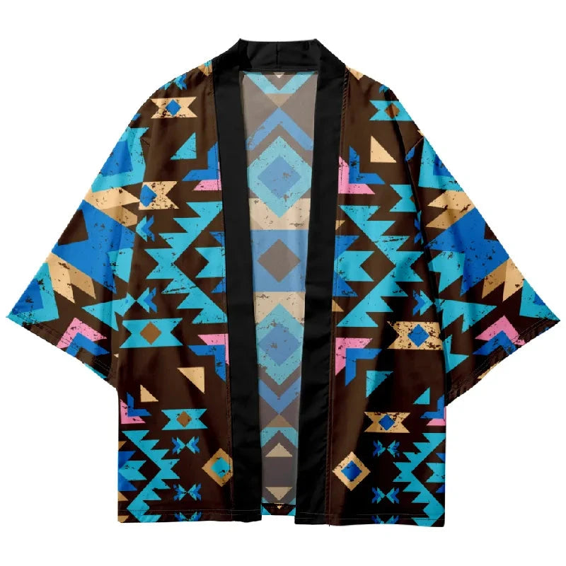Tokyo-Lion Blue Black Diamond Grid Japanese Kimono Cardigan