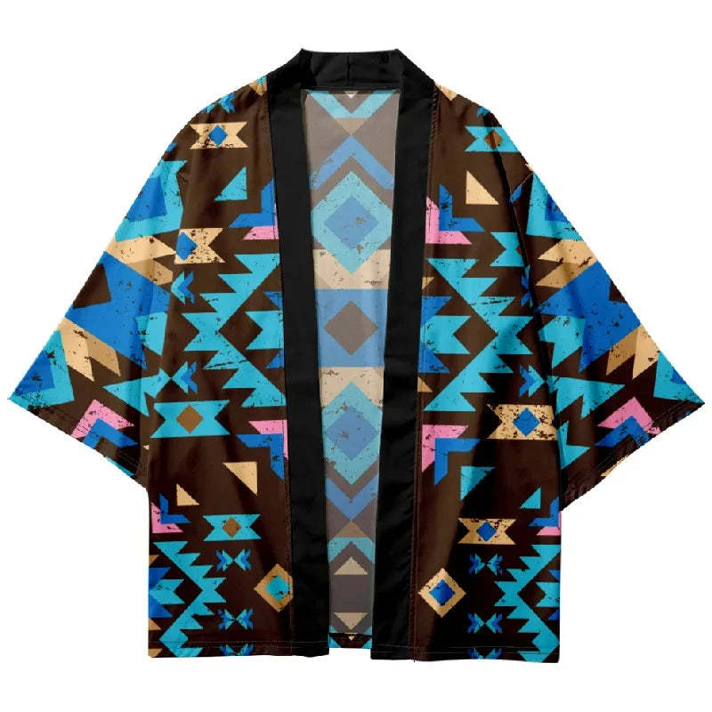 Tokyo-Lion Blue Black Diamond Grid Japanese Kimono Cardigan
