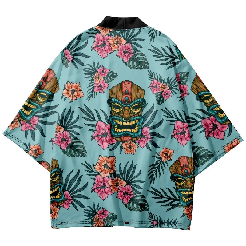 Tokyo-Lion Flower And Mask Japanese Kimono Cardigan