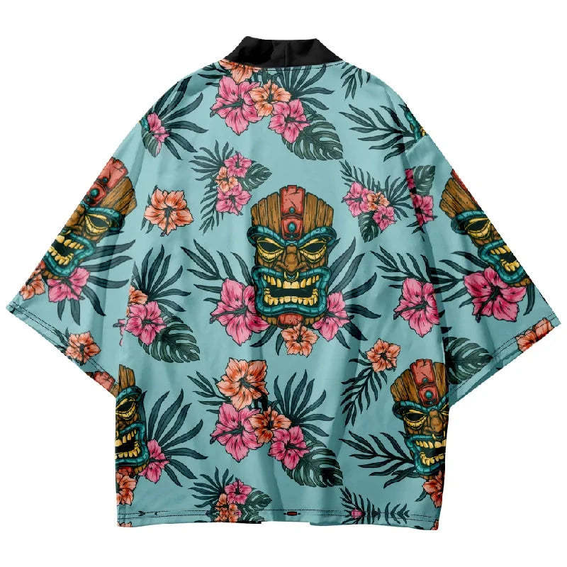 Tokyo-Lion Flower And Mask Japanese Kimono Cardigan