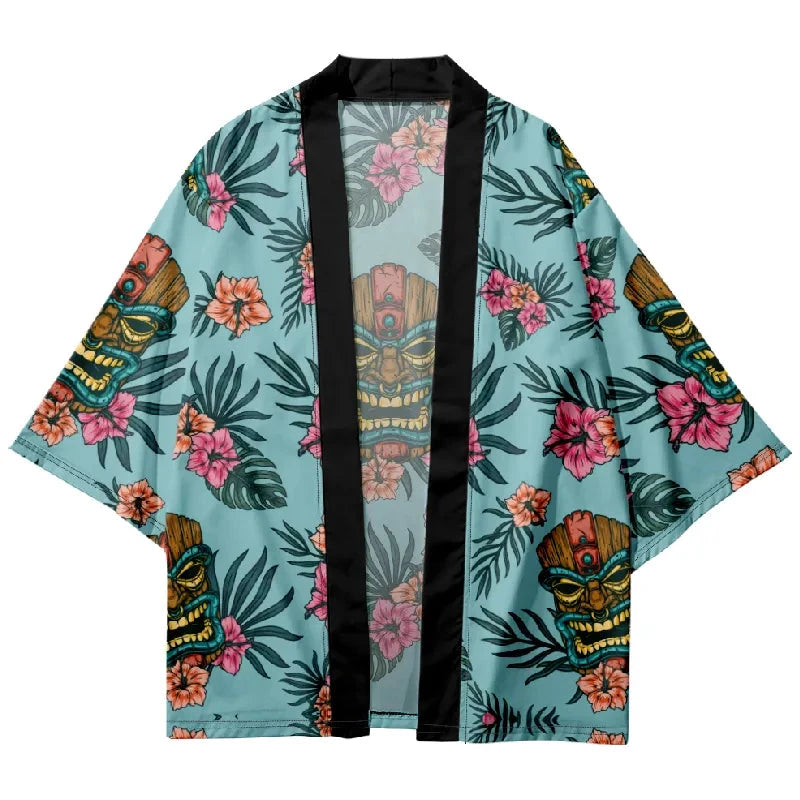 Tokyo-Lion Flower And Mask Japanese Kimono Cardigan