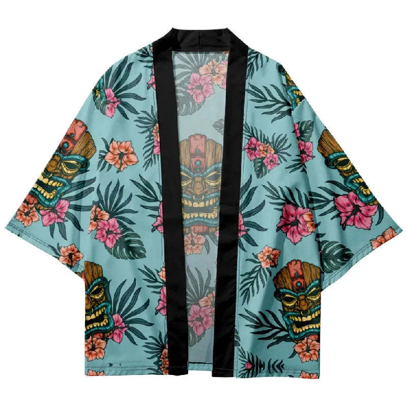 Tokyo-Lion Flower And Mask Japanese Kimono Cardigan