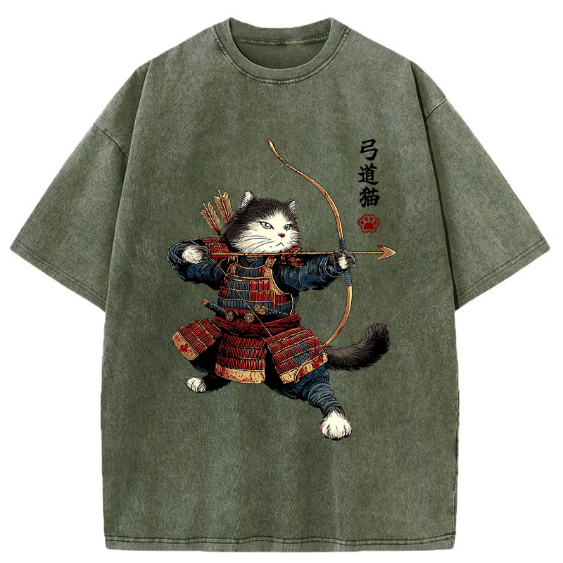Tokyo-Lion Kyudo Samurai Cat Washed T-Shirt