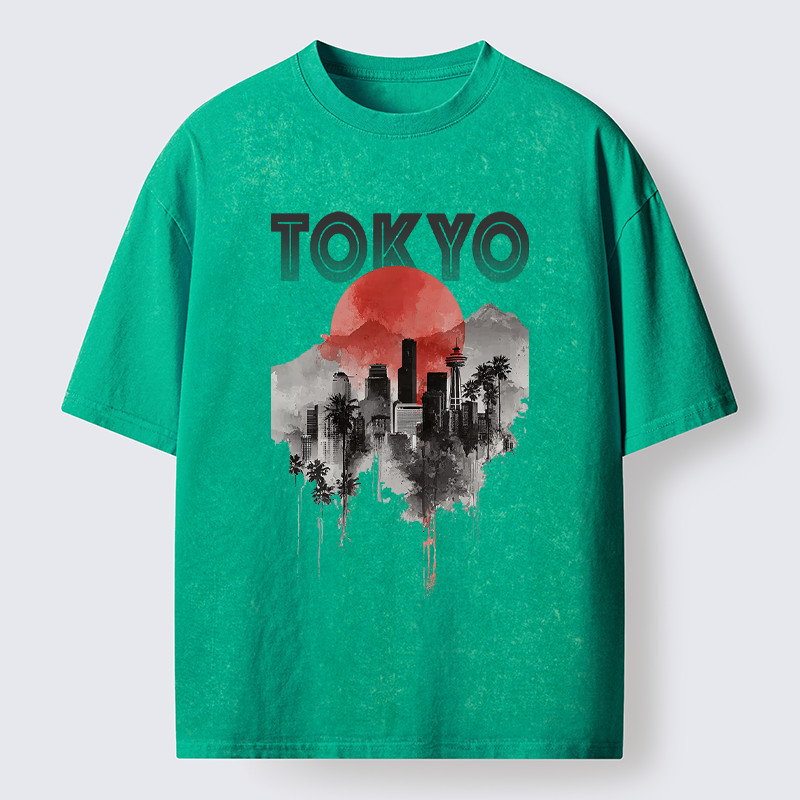 Tokyo-Lion Sunset in Tokyo Washed T-Shirt