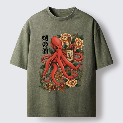 Tokyo-Lion Octopus with Sake Bottle Washed T-Shirt
