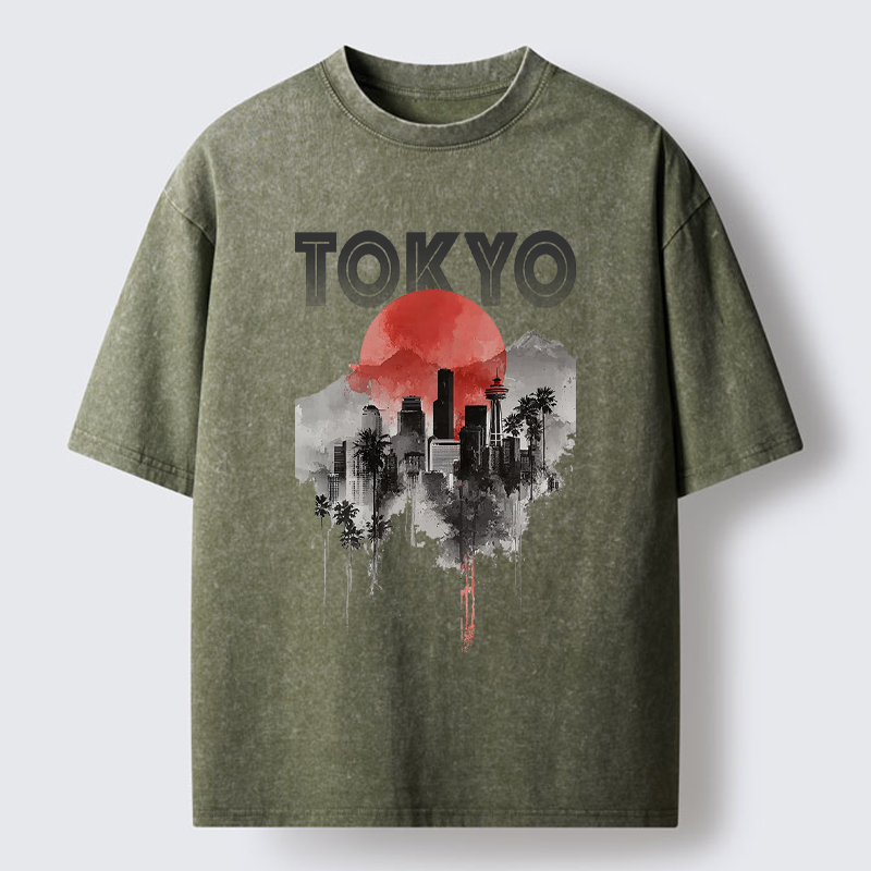 Tokyo-Lion Sunset in Tokyo Washed T-Shirt