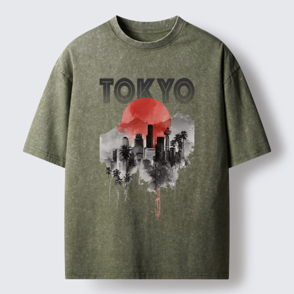 Tokyo-Lion Sunset in Tokyo Washed T-Shirt