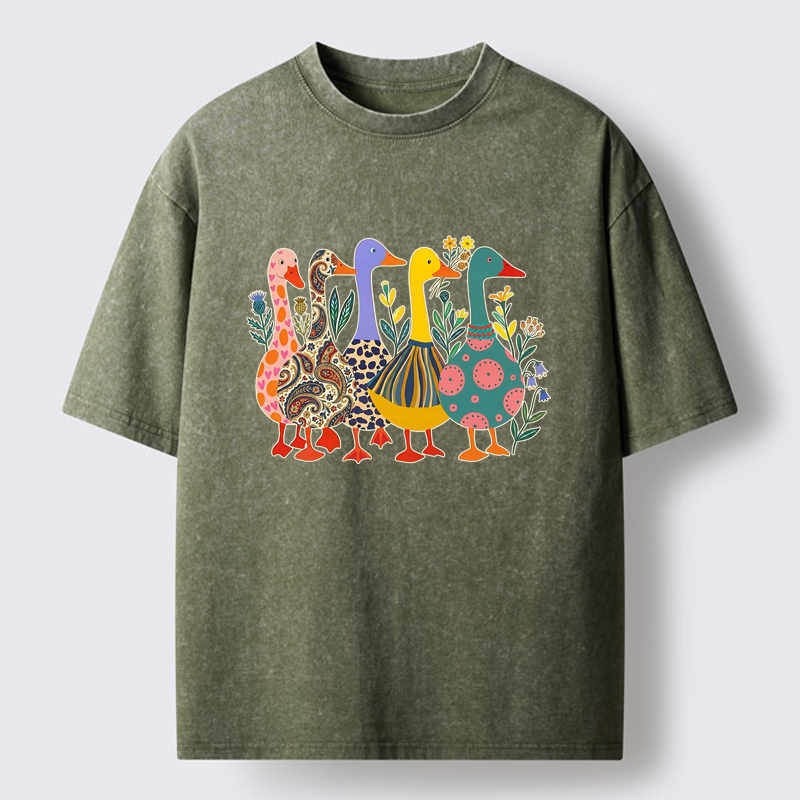 Tokyo-Lion Whimsical Folk-Art Goose Quintet Washed T-Shirt